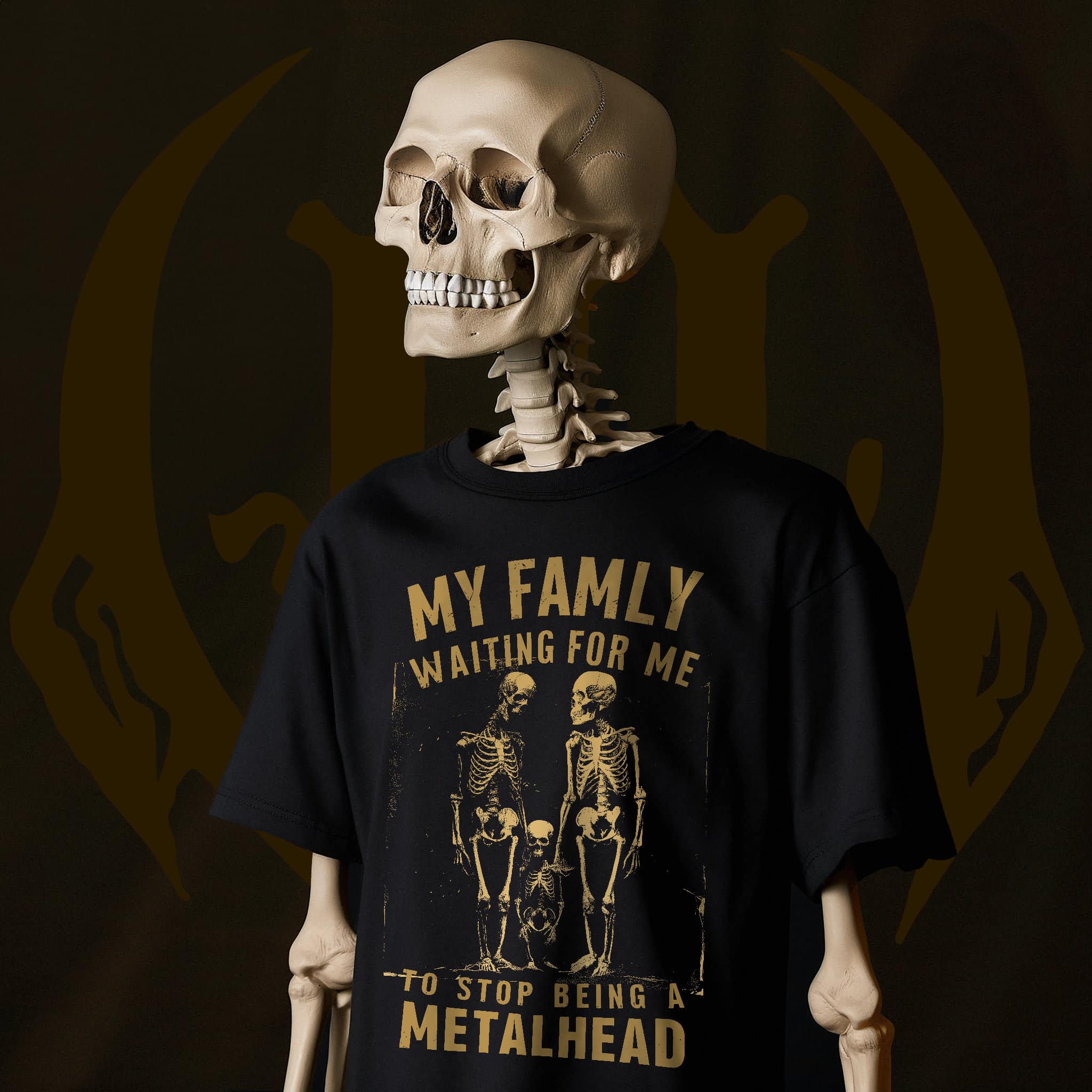 Skeleton Wearing T-Shirt Design of Skeleton Family with Text My Family Waiting For me To Stop Being a Metalhead
