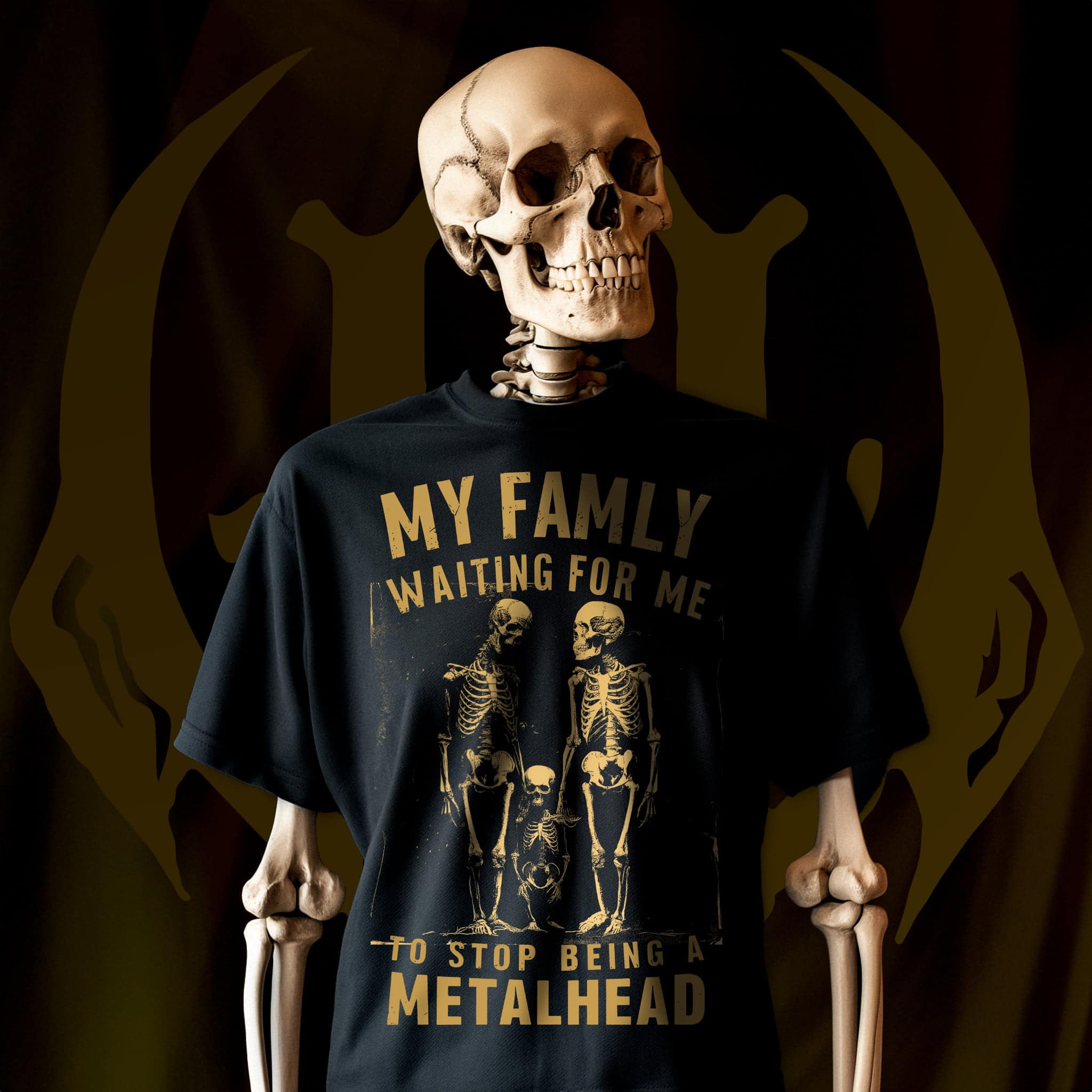 Skeleton Wearing T-Shirt Design of Skeleton Family with Text My Family Waiting For me To Stop Being a Metalhead