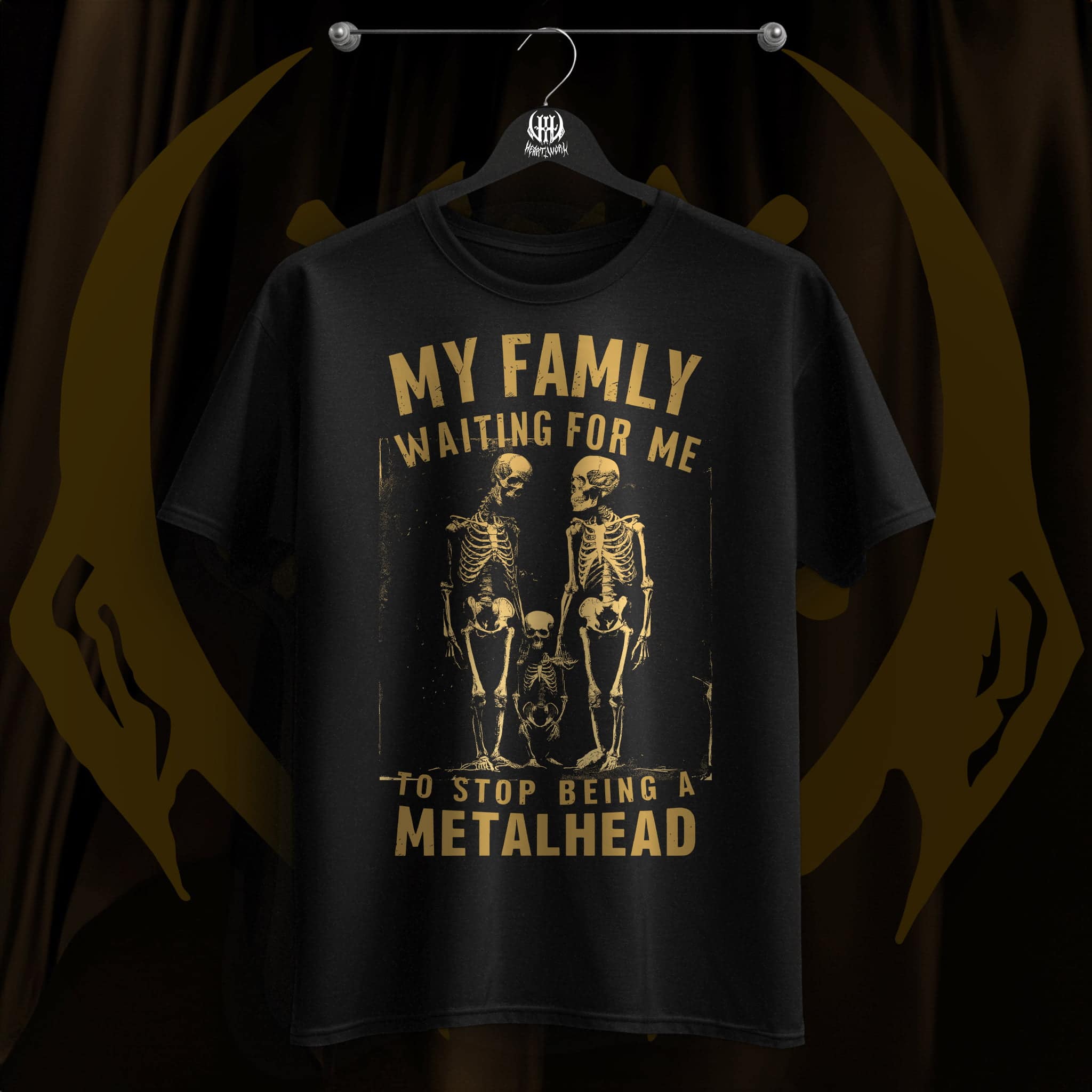 T-Shirt Design on black T-Shirt of Skeleton Family with Text My Family Waiting For me To Stop Being a Metalhead
