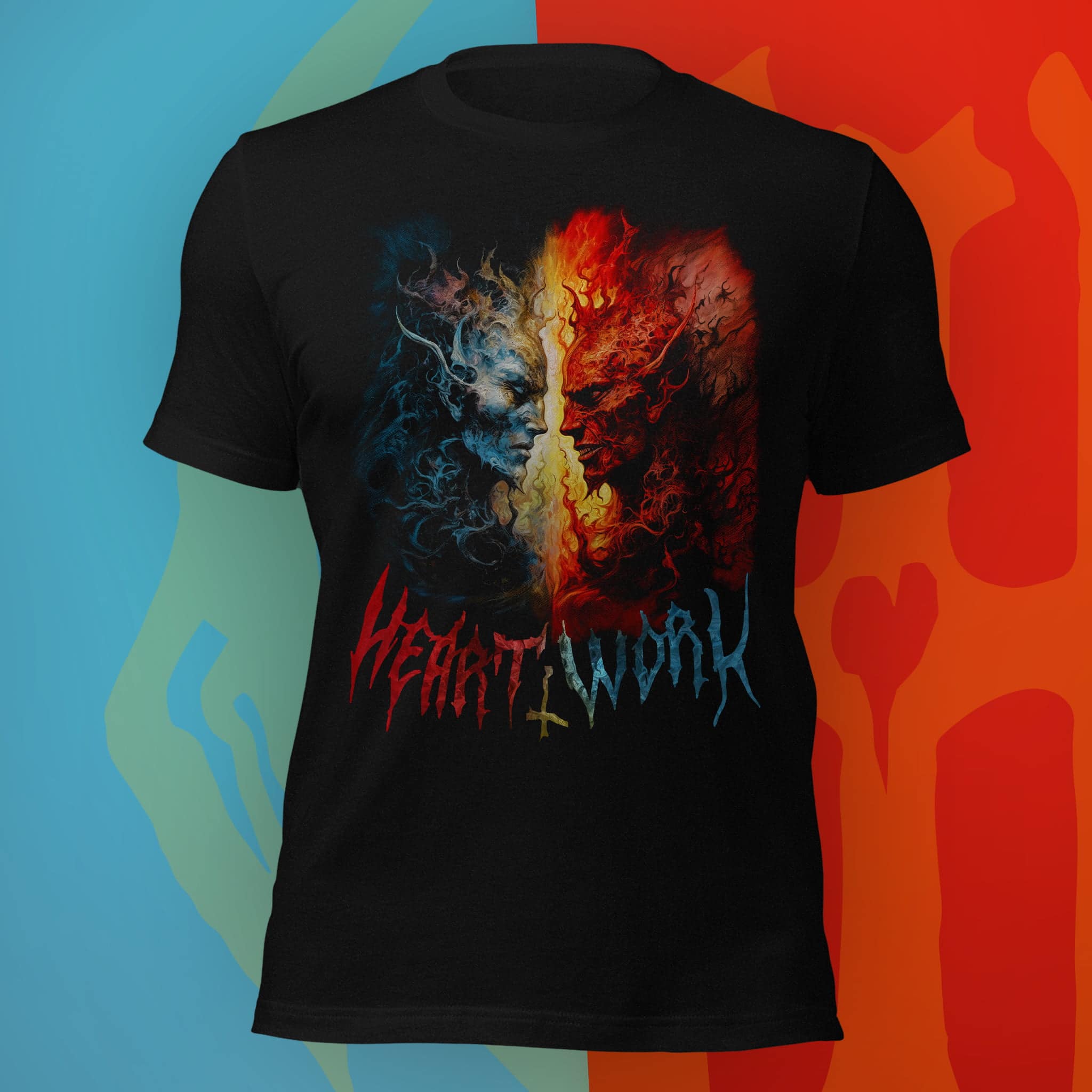 Gost Style T-Shirt mockup of a deisgn called Eternal Alliance featuring two elemental demons facing each other.