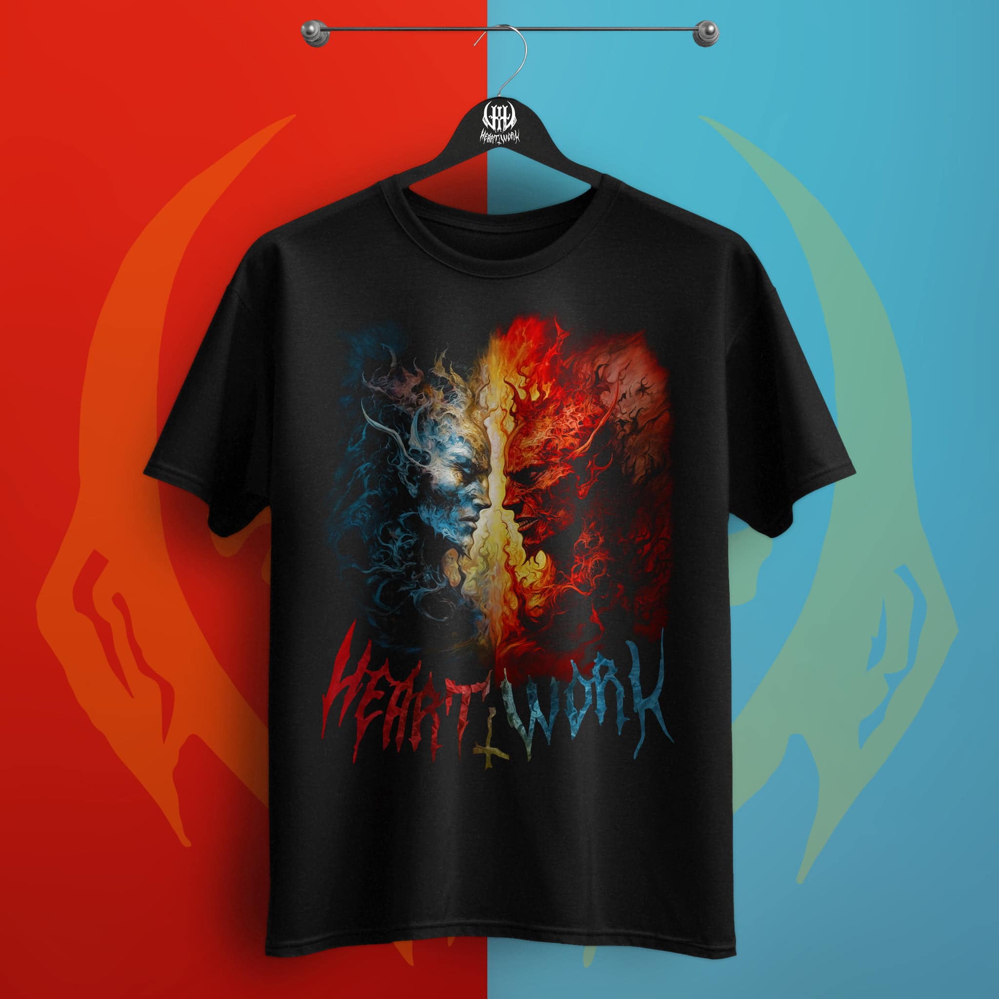 T-Shirt on hanger of a deisgn called Eternal Alliance featuring two elemental demons facing each other.