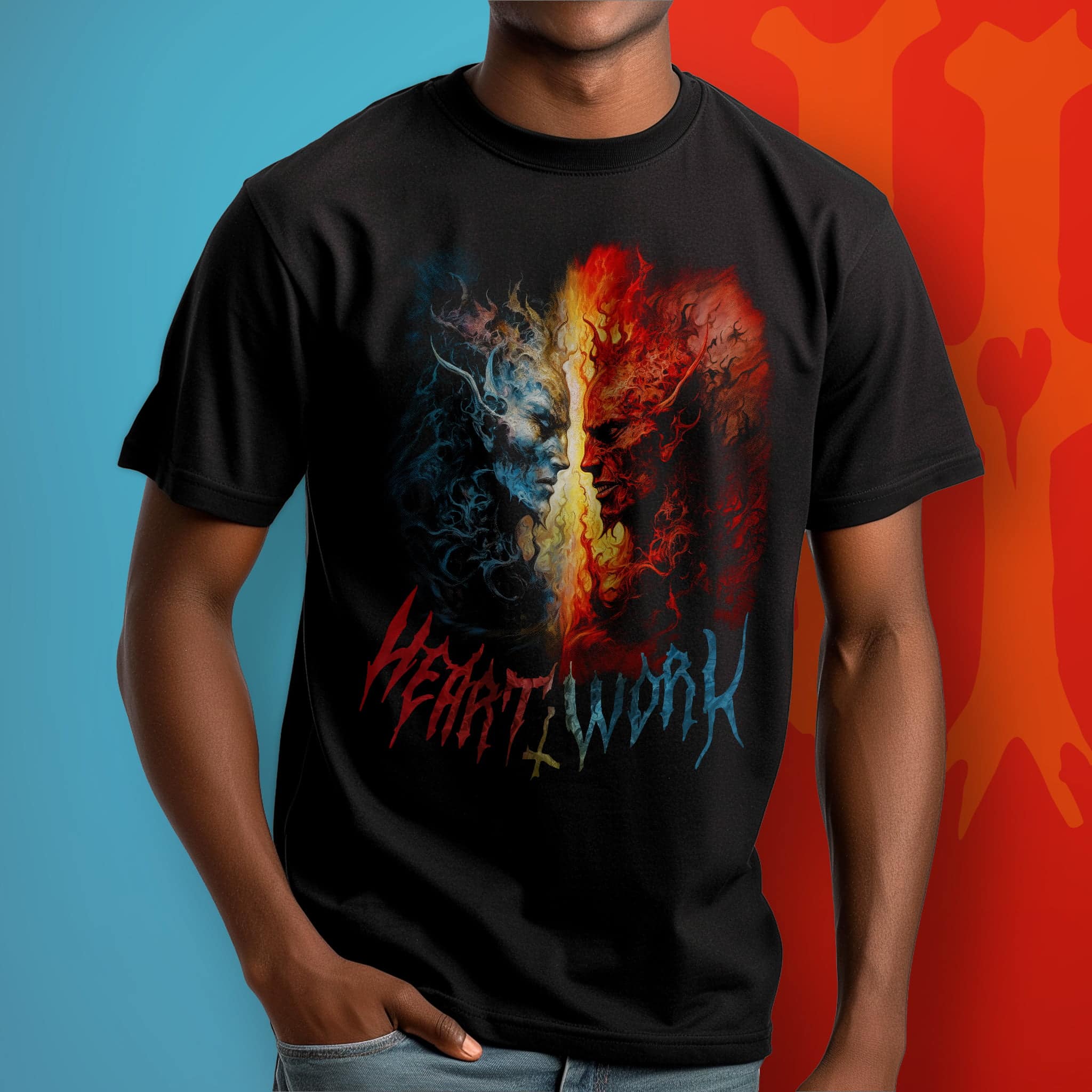 Man wearing Eternal Alliance graphic tee featuring two elemental demons facing each other.