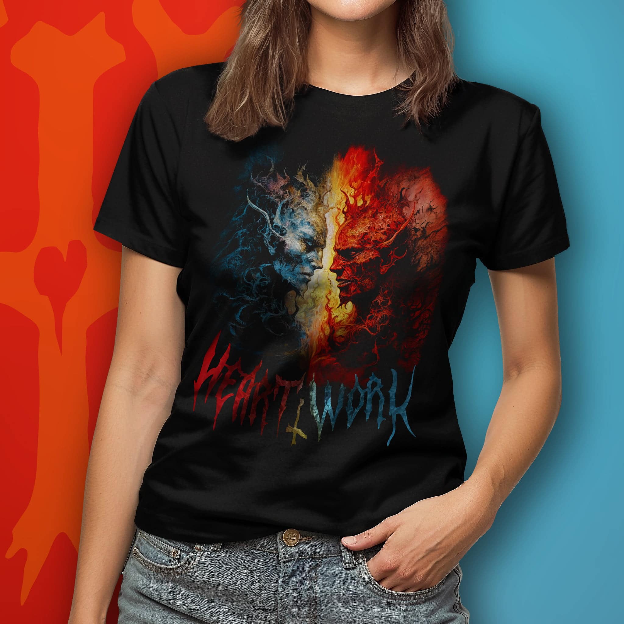 Woman wearing Eternal Alliance graphic tee featuring two elemental demons facing each other.