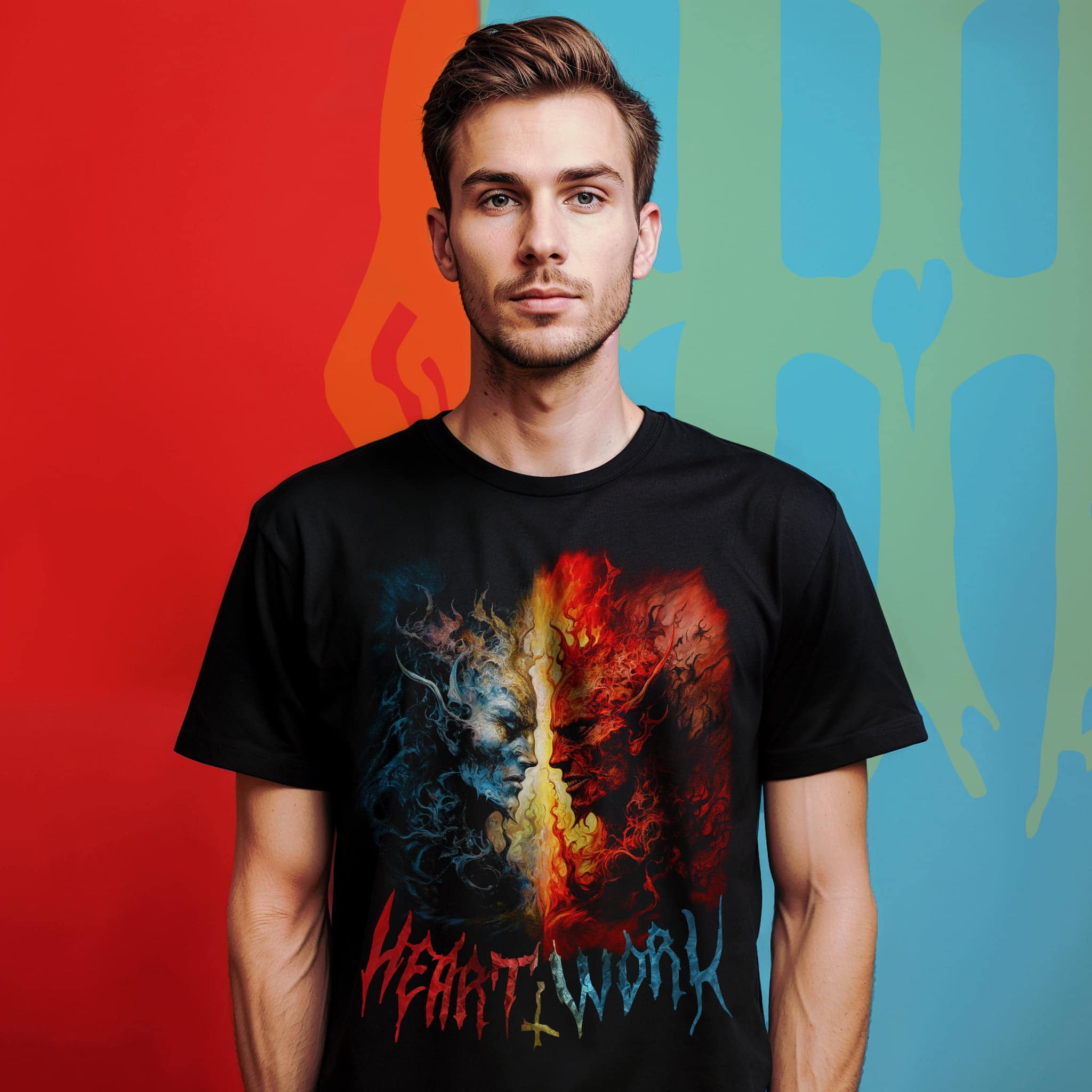 Man wearing Eternal Alliance graphic tee featuring two elemental demons facing each other.