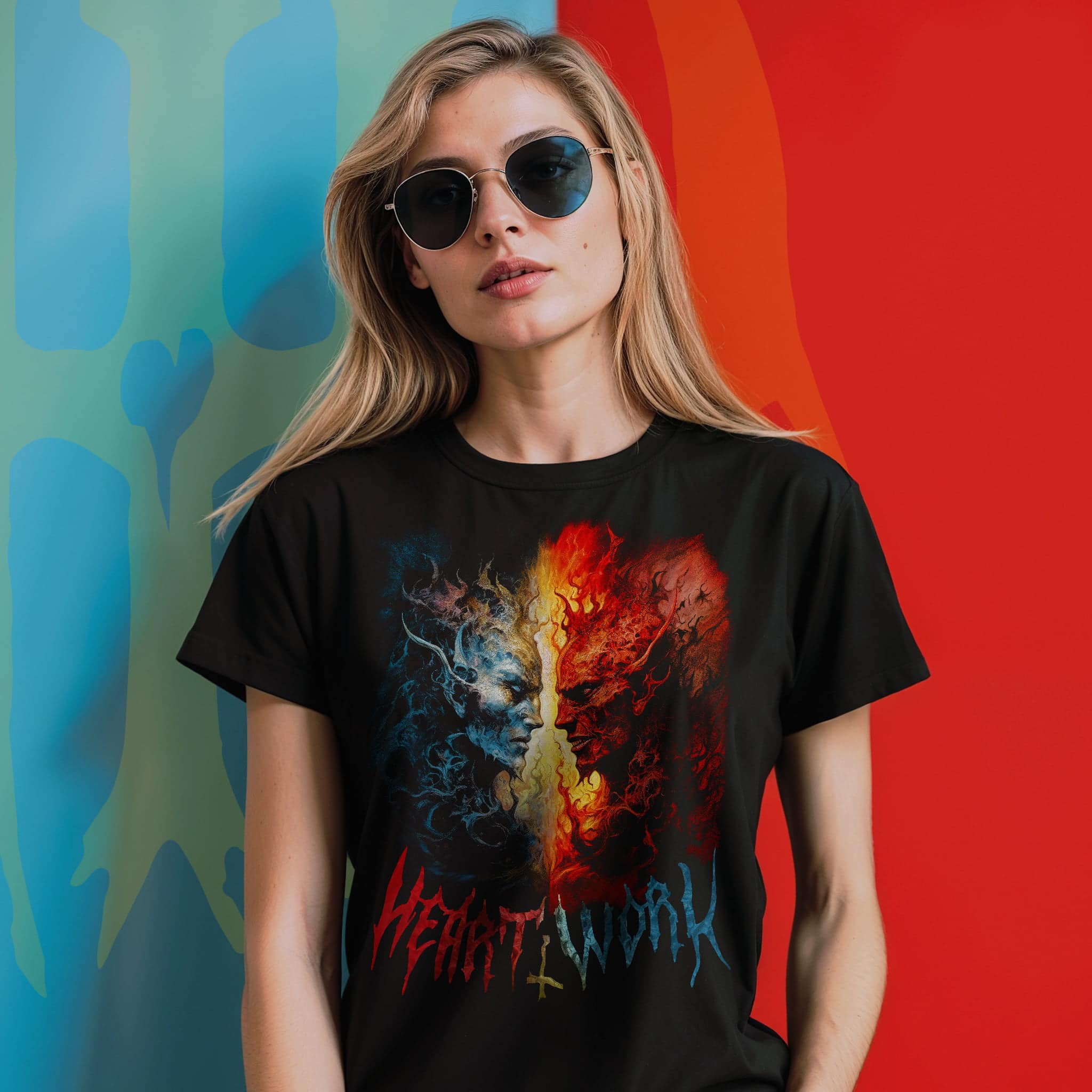 Woman wearing Eternal Alliance graphic tee featuring two elemental demons facing each other.